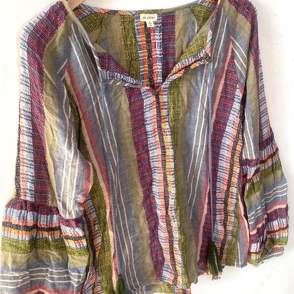 (BN49) En Crème Multi Color Peasant Blouse W/Tassel Ties, Size Small - Picture 5 of 8